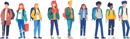 Stylish College Students in Trendy Outfits Standing in a Line