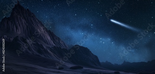 A starry night with a comet streaking across the sky above a mountain ridge, adding a sense of wonder and temporality to the scene. 32k, full ultra hd, high resolution photo