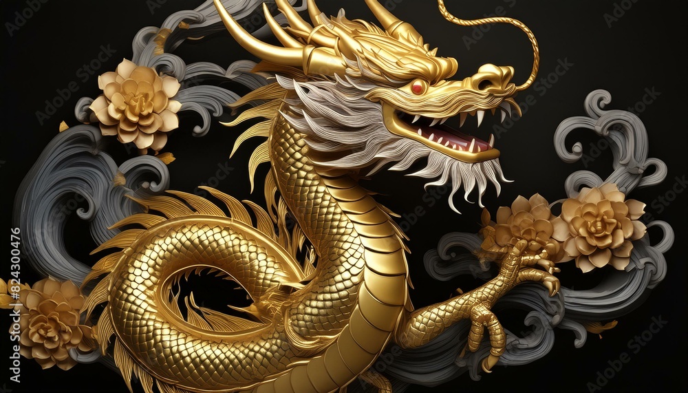 Obraz premium The golden Chinese dragon on a black background.
