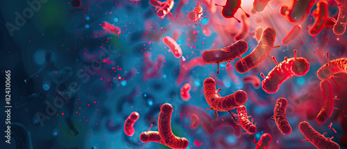 Digital illustration of glowing red bacteria clusters against a dark blue gradient background, showing translucent qualities with visible internal structures.