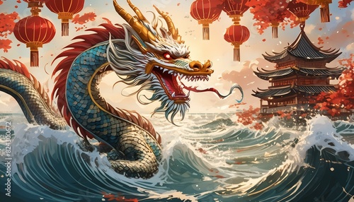 A Chinese dragon emerging from the ocean, with water splashing around and traditional Chinese symbols in the background
