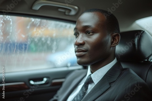 african businessman in a suit and tie sits in the back seat of a car, looking out the window, Generative AI 
