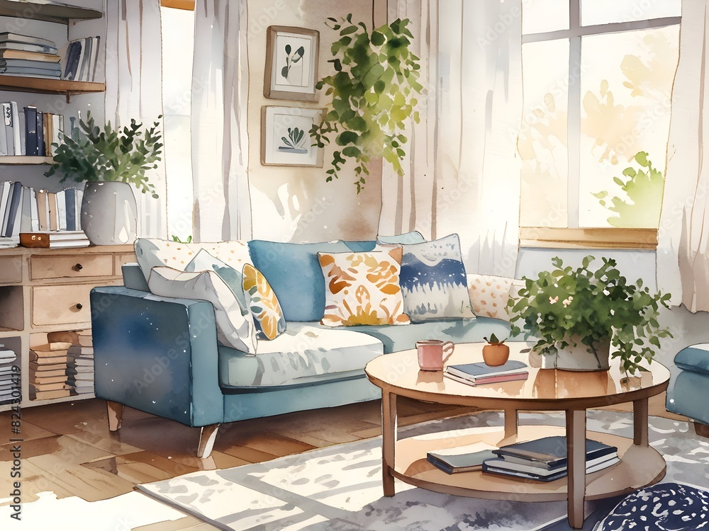 Obraz premium Cozy Living Room Watercolor Art