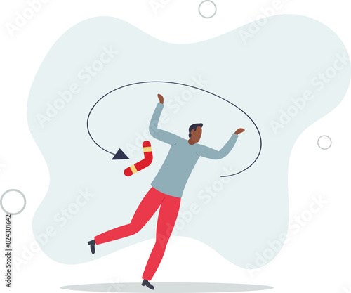 businessman throw boomerang and it return to hurt himself.flat vector illustration.