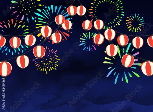 花火とお祭り提灯の背景素材イラスト