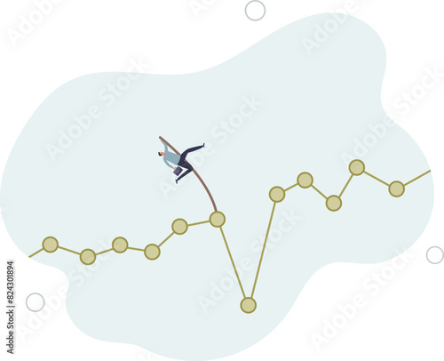 onfident businessman investor pole vault jump over market drop graph.flat vector illustration.