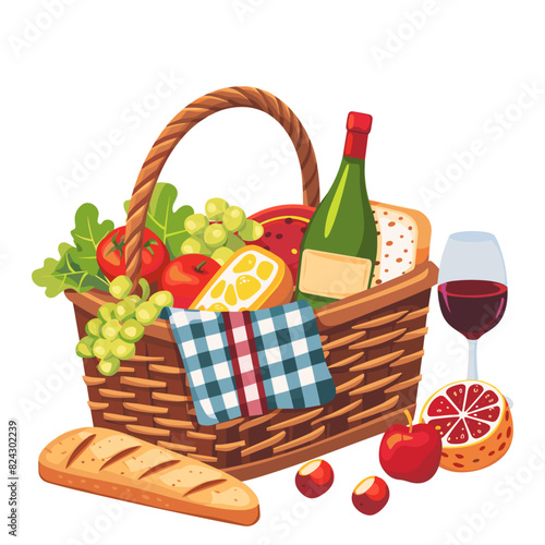 A bounty of fruits, vegetables, and wine in a wicker basket