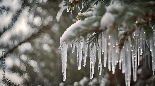 icicles on a branc.Frozen branch. Winter season photo