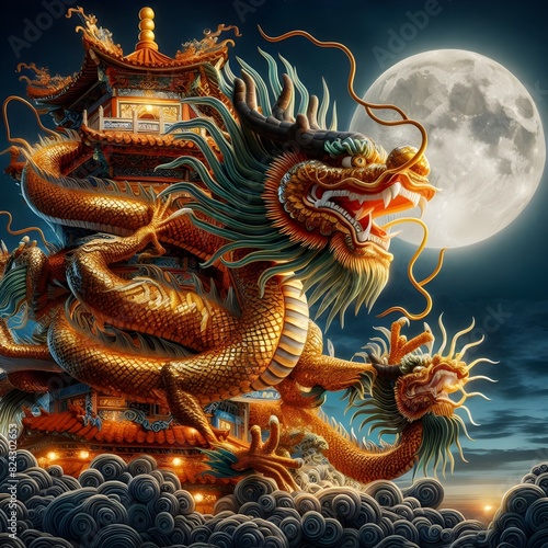 Wallpaper Mural A large gold dragon is sitting on a building with a full moon in the background Torontodigital.ca
