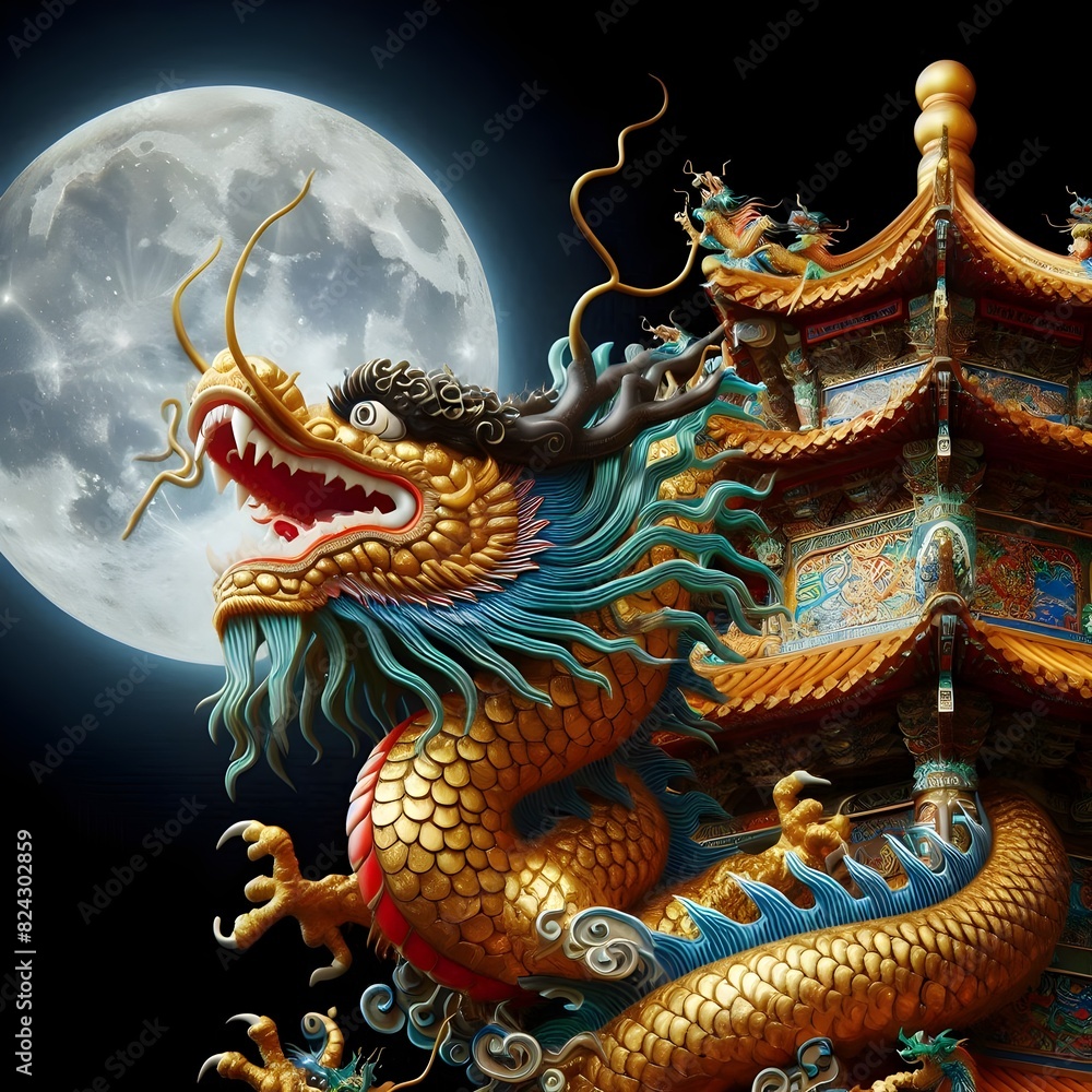 A large gold dragon is sitting on a building with a full moon in the background