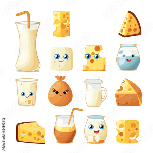 A variety of dairy products including cheese wedges, sliced cheese, a milk carton, and a cheese babybel, all with smiley faces
