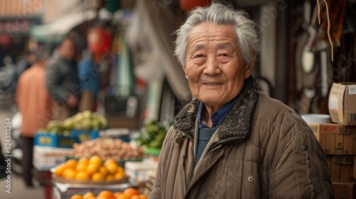 An elderly man stands in front of a fruit stand, smiling