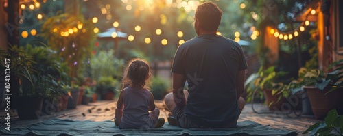 Father and daughter watching the sunset in the backyard.