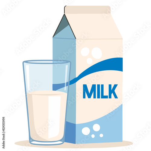 graphic illustration of a dairy product featuring a full glass of milk and an unopened milk carton