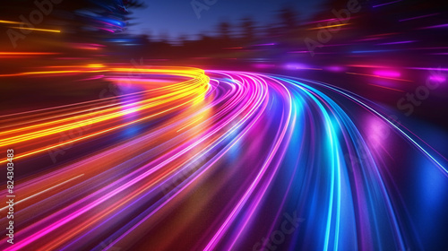 Long exposure of the lights of cars driving at high speed on the highway at night 