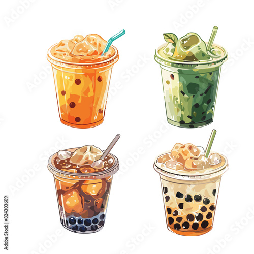 A variety of colorful bubble drinks in sealed plastic cups with straws