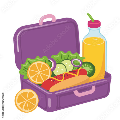 A healthy lunch with a salad, french fries, and orange juice in a purple lunchbox