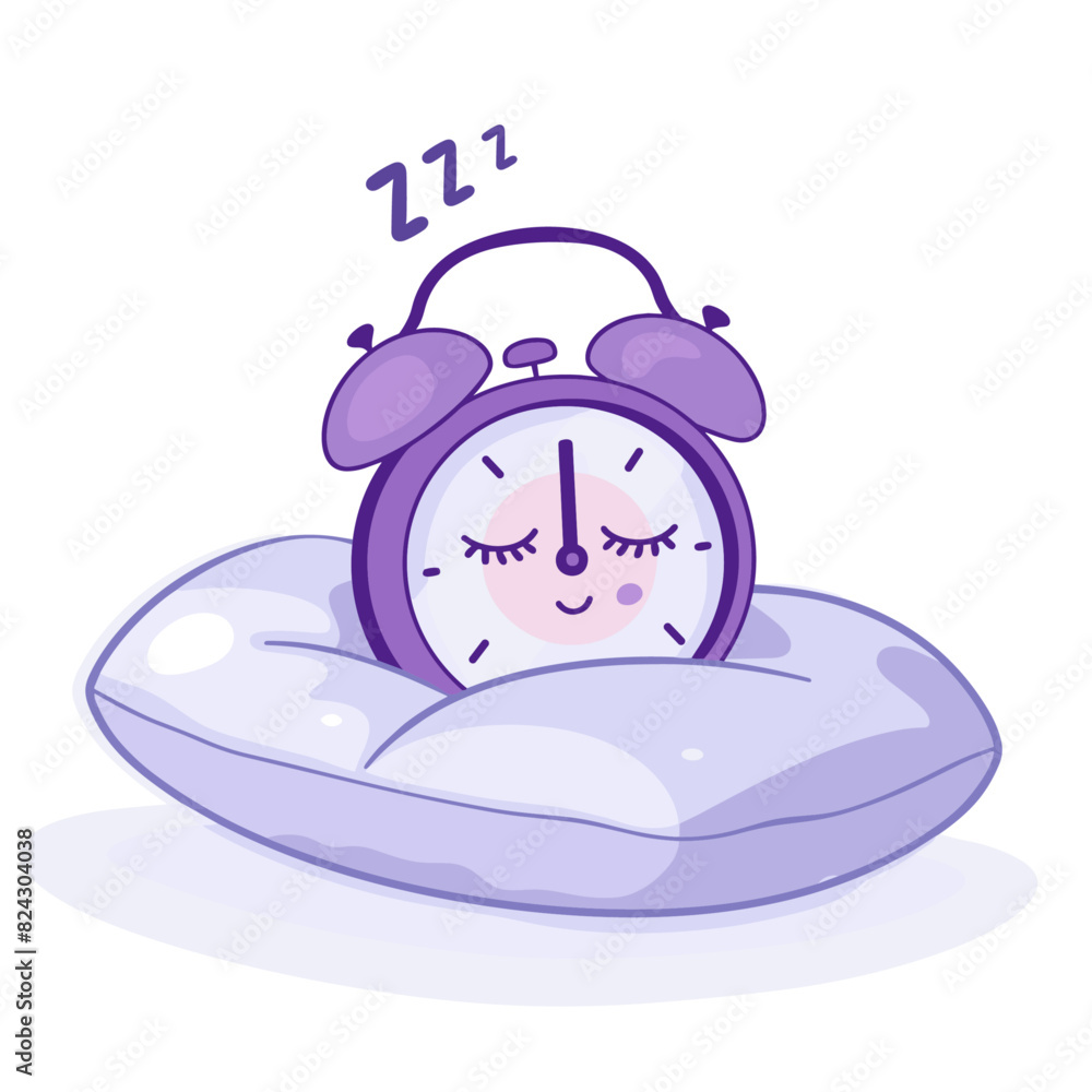 A purple alarm clock sleeping on a purple pillow. Text above the clock reads A purple alarm clock sleeping on a purple pillow. Text above the clock reads