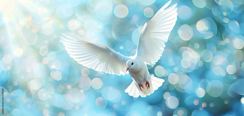 Dove bird world peace day concept, White dove in flight, Blue sky background, Symbol of peace, Unity and harmony Dove bird world peace day concept, White dove in flight, Blue sky background, Symbol of peace, Unity and harmony
