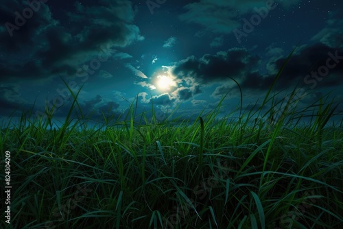 A vast green grass field at night  illuminated