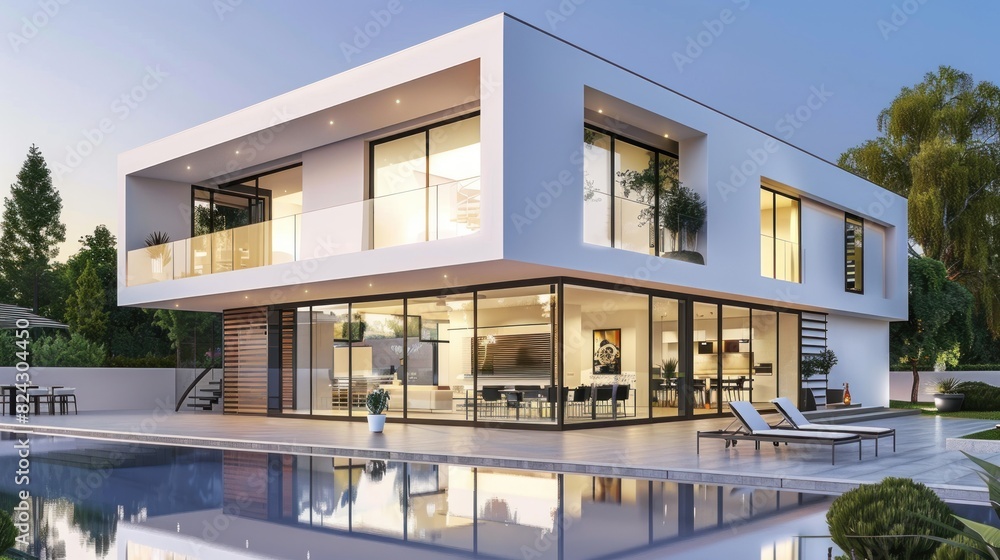 beautiful modern white luxury house with swimming pool at night beautiful modern white luxury house with swimming pool at night