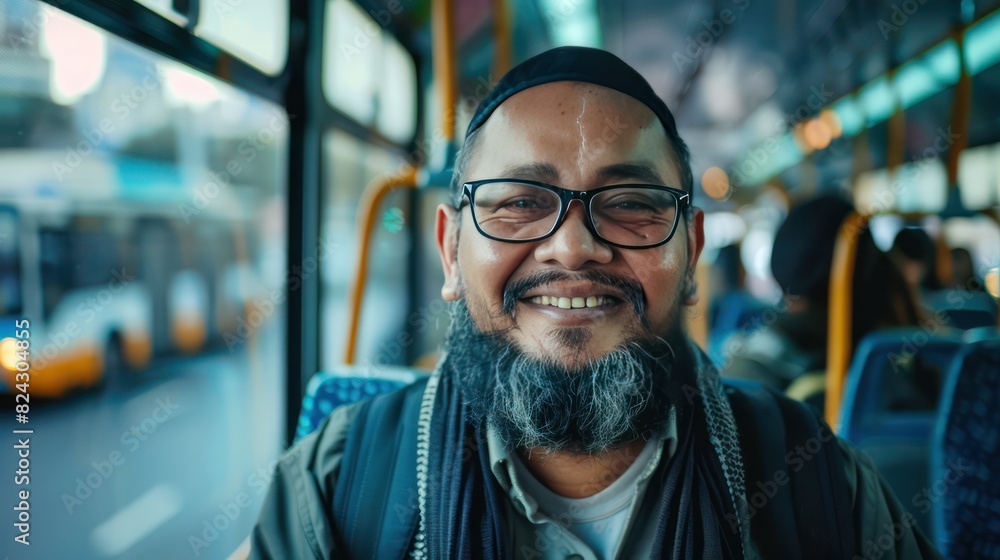 An old Muslim man was on a public bus. Close up view. Public transport passengers. An old Muslim man was on a public bus. Close up view. Public transport passengers.