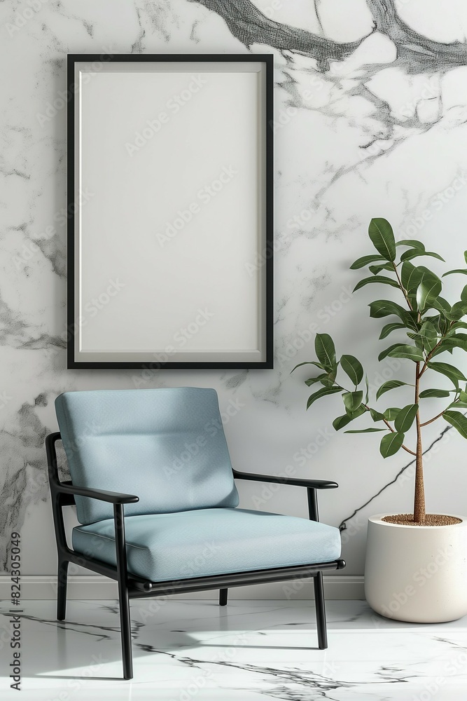 Frame mockup. Home room interior with light blue chair, white marble wall poster frame. 3D render Frame mockup. Home room interior with light blue chair, white marble wall poster frame. 3D render