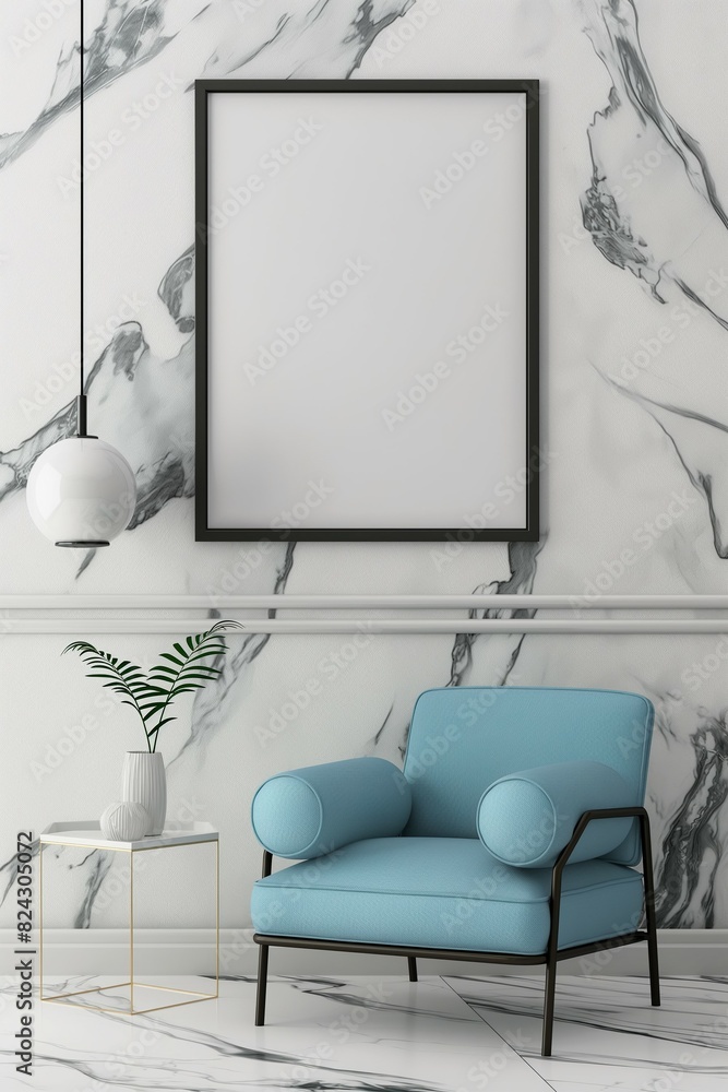 Frame mockup. Home room interior with light blue chair, white marble wall poster frame. 3D render Frame mockup. Home room interior with light blue chair, white marble wall poster frame. 3D render