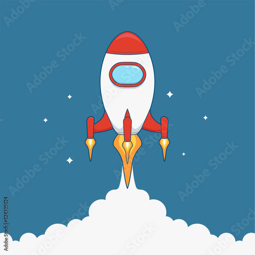 Flying white red spaceship retro shuttle rocket vector illustration with smoke trail