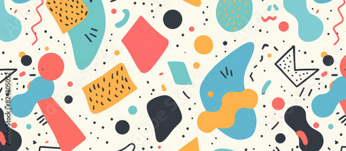 Seamless pattern with colorful hand drawn shapes and doodles  flat vector illustration in the style of playful cartoon illustrations