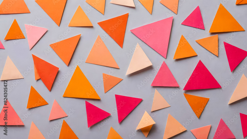 Multicolored paper geometric shapes triangles are randomly arranged on a gray background. Orange, beige and pink colors. View from above. Multicolored paper geometric shapes triangles are randomly arranged on a gray background. Orange, beige and pink colors. View from above.