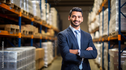 Professional manager is indian man in warehouse with boxes of goods on shelves. Smiling warehouse manager demonstrates his willingness and enthusiasm to do his job. Logistics and delivery.