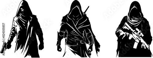 Stealthy Assassins in Action,, Three Shadowy Figures Ready for Combat