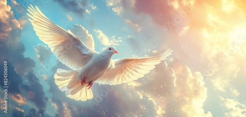 World peace concept with dove bird, White dove in the sky, Peaceful background, Unity and harmony symbol photo
