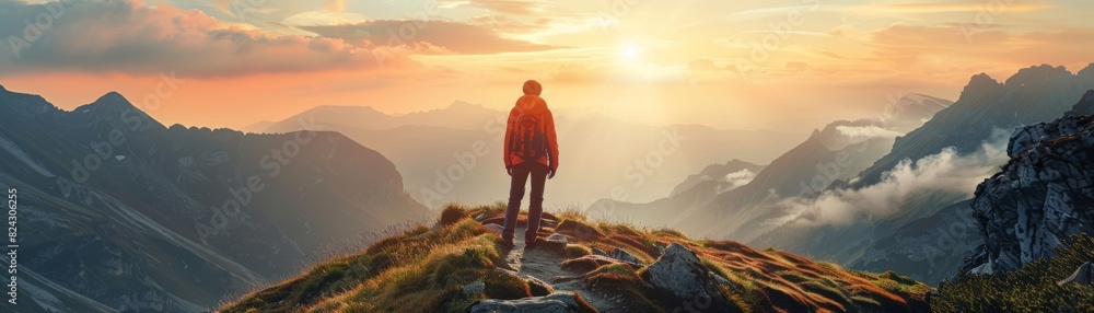 Obraz premium The image shows a person standing on a mountaintop, looking out at a vast landscape