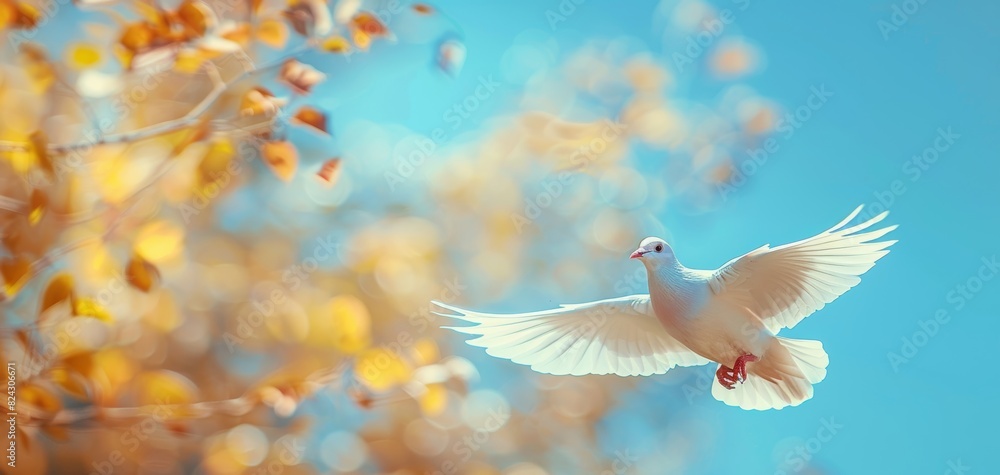 Dove bird for world peace day, White dove flying, Blue sky backdrop, Peace and harmony, Symbol of unity Dove bird for world peace day, White dove flying, Blue sky backdrop, Peace and harmony, Symbol of unity