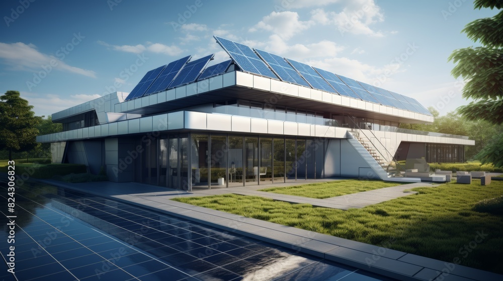 A close-up photorealistic image of a modern eco-friendly building with solar panels seamlessly integrated into its architecture.