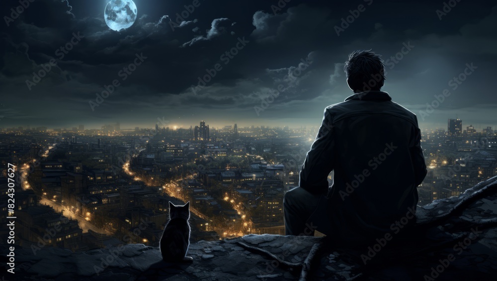 Nocturnal Reverie A Man Gazes at the Moon over the City's Landscape