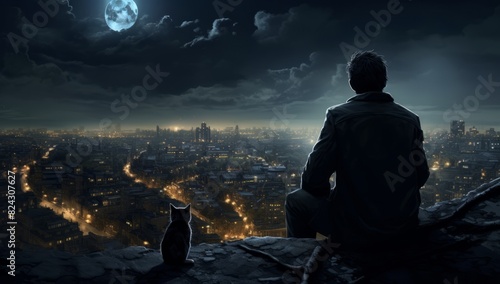 Nocturnal Reverie A Man Gazes at the Moon over the City s Landscape