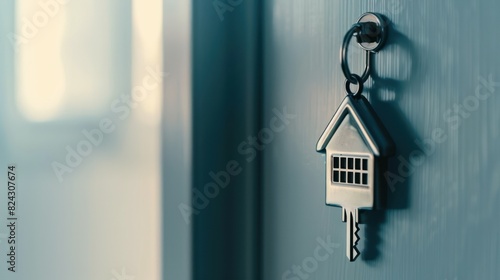 door with key chain in the shape of a house, Mortgage and real estate concept.