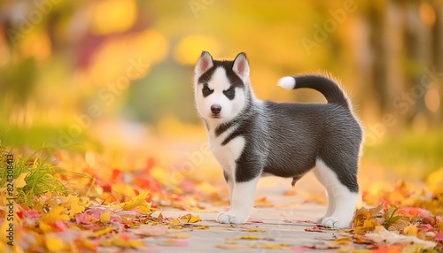 a black and white husky puppy standing on a path, autumn , bokeh,sibérien, chien, husky, animal, animal de compagnie, portrait, blanc, race, canidae, animal,  photo