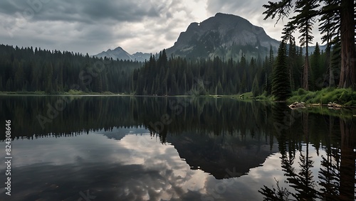 dark lake surrounded by dense green and black pine trees with a large grey mountain looming in the background. 