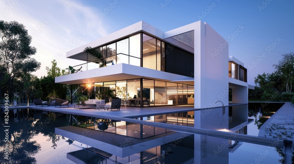 Fototapeta premium beautiful modern white luxury house with swimming pool at night