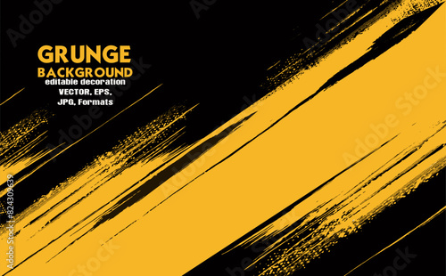 Yellow grunge brush streaks painting on black background, Abstract Sport Grunge Style Background. Grunge Yellow Texture In Dark Background.