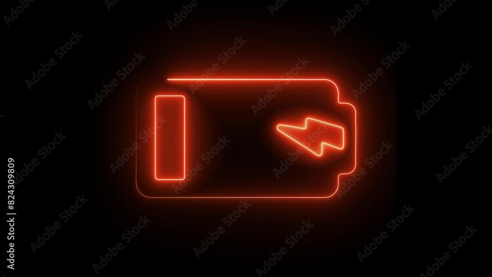 Neon Glowing Battery Icon - Charger Running - Bright and Luminous Energy Symbol