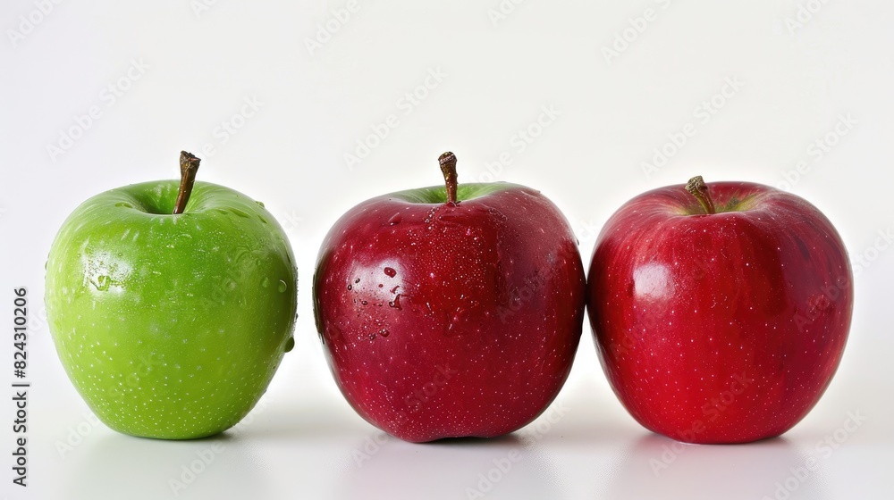 One apple is green while two apples are red all placed on a white background