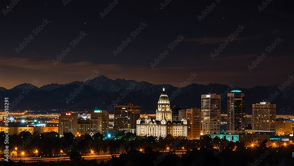 Fototapeta premium night view of a city with a mountain backdrop.