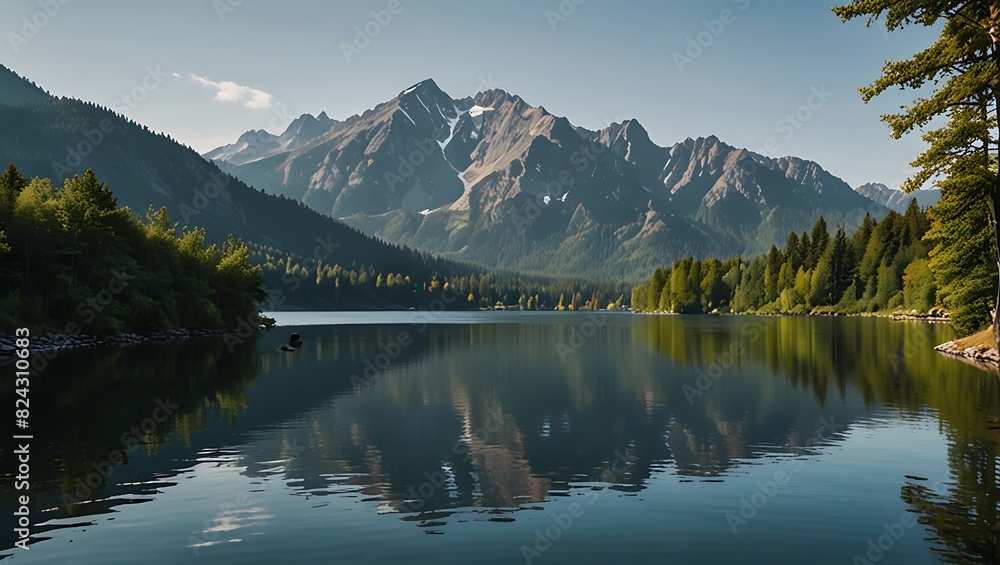 mountain covered in snow is in the distance behind a calm lake, with trees on the shore