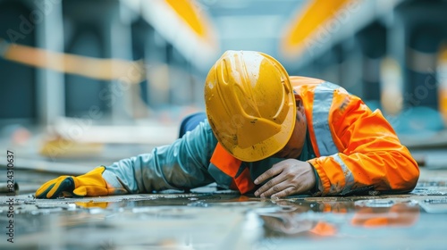 Construction worker lying on the wet floor after falling from height. He is wearing a hard hat and a safety vest. The photo is taken from a low angle. AIG535