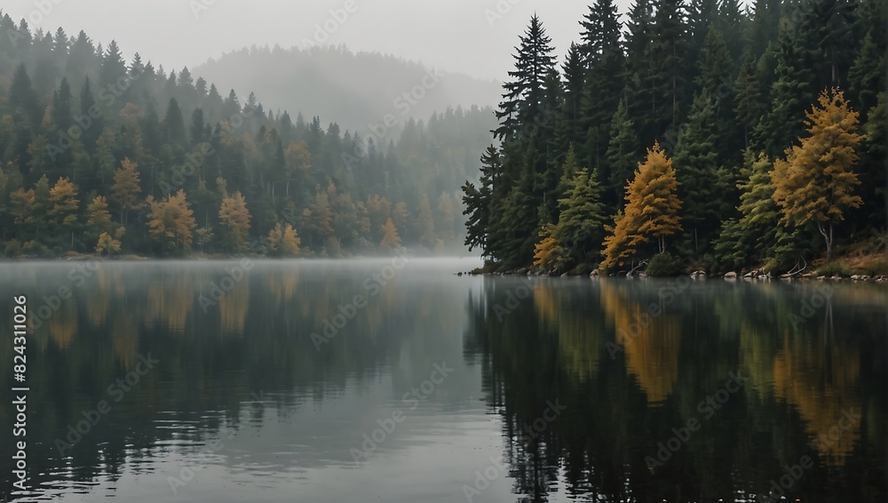 Fototapeta premium lake in the morning with a heavy fog on the water
